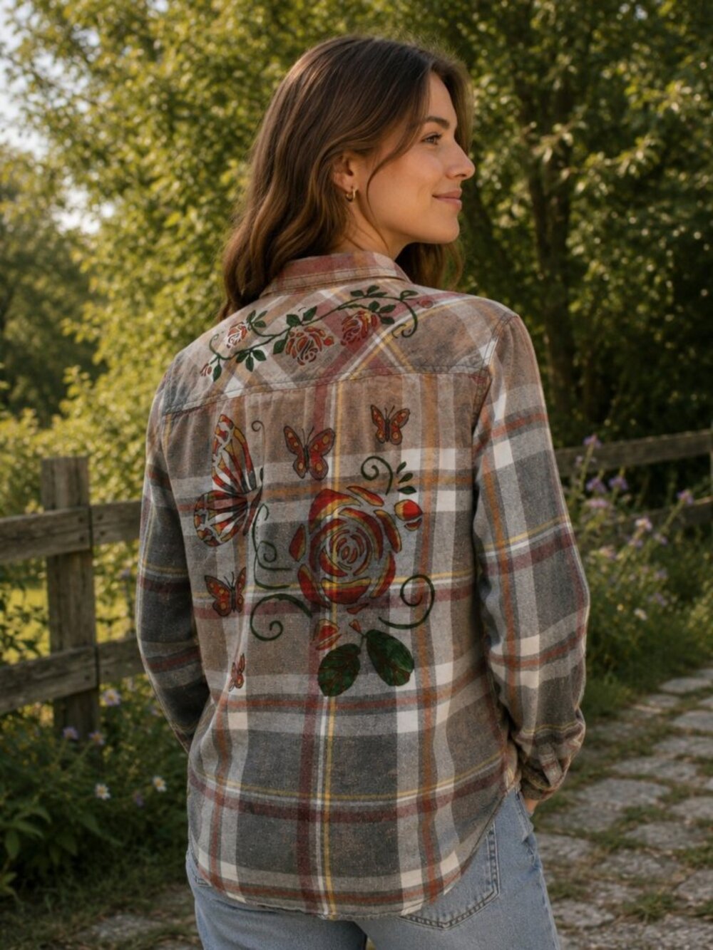 Upcycled Hand Painted Roses Butterflies Flannel Shirt - Bleached Red Gray Youth